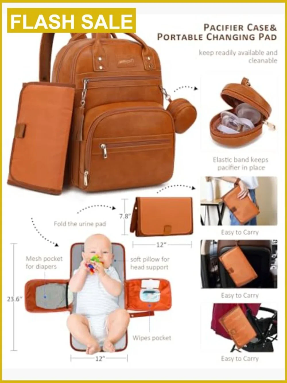 35L Vegan Leather Diaper Bag Backpack with Changing Pad - 20 Pockets, Laptop